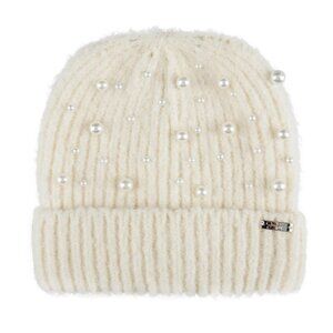 Jessica Simpson Women's Ivory Pearl Knit Cuffed Beanie Hat NEW